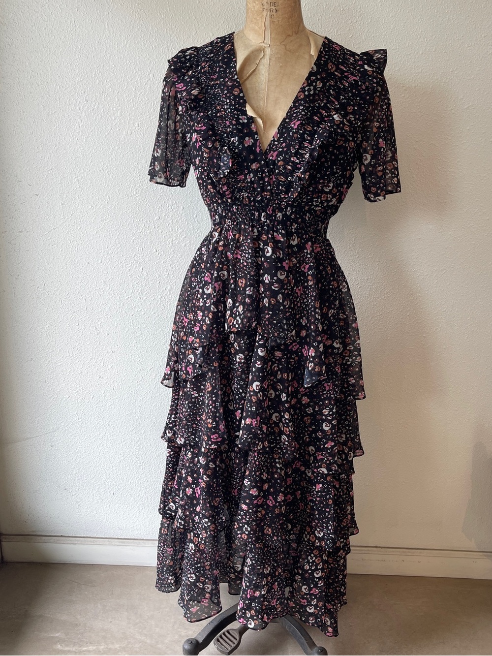 Hale Bob Black Floral Tiered V-Neck Midi Dress